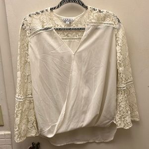 Landa by Dora Landa Silk looking blouse with lace arms and shoulder detail. Med.